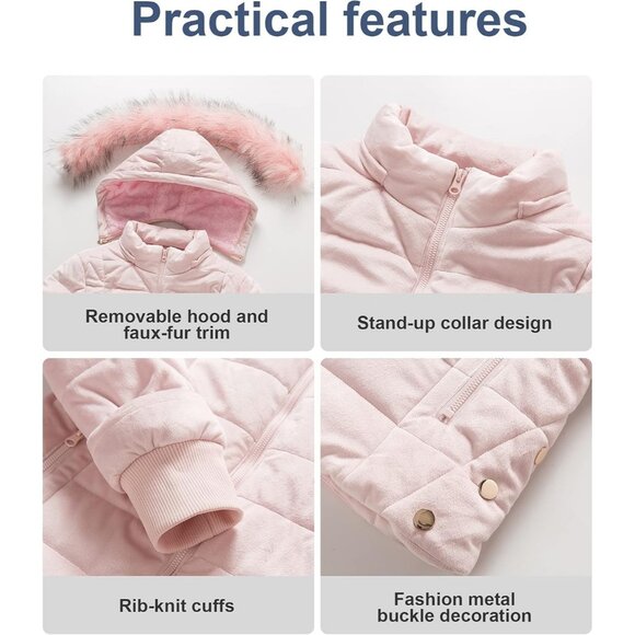 Women's Pink Velvet Puffer Jackets Coat Faux Fur Lining Winter Removable Hood - Picture 6 of 7